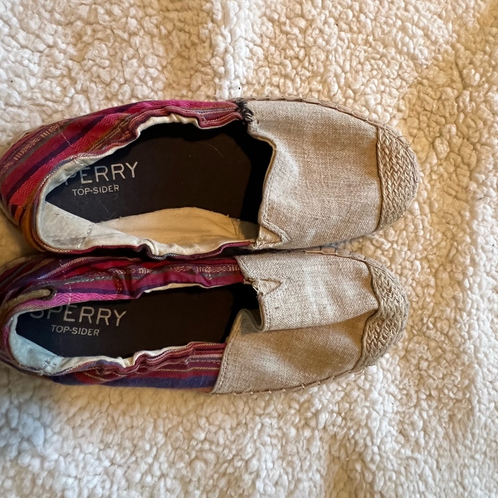 Sperry Top-Sider Tan and Red Canvas Slip-Ons